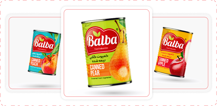 کمپوت گلابی، سیب و هلو نیمه شده | صنایع غذایی بالبا